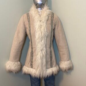 Elegant Tan Penny Lane Style Coat with Faux Fur Trim.